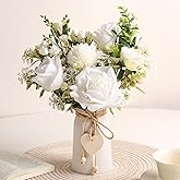 Fake Flowers with Vase, Silk Roses Daisy Artificial Flowers, Faux Eucalyptus Arrangement for Home Decor, Dining Table Centerpiece, Living Room Coffee Table Silk Flower Bouquet (White & Green)