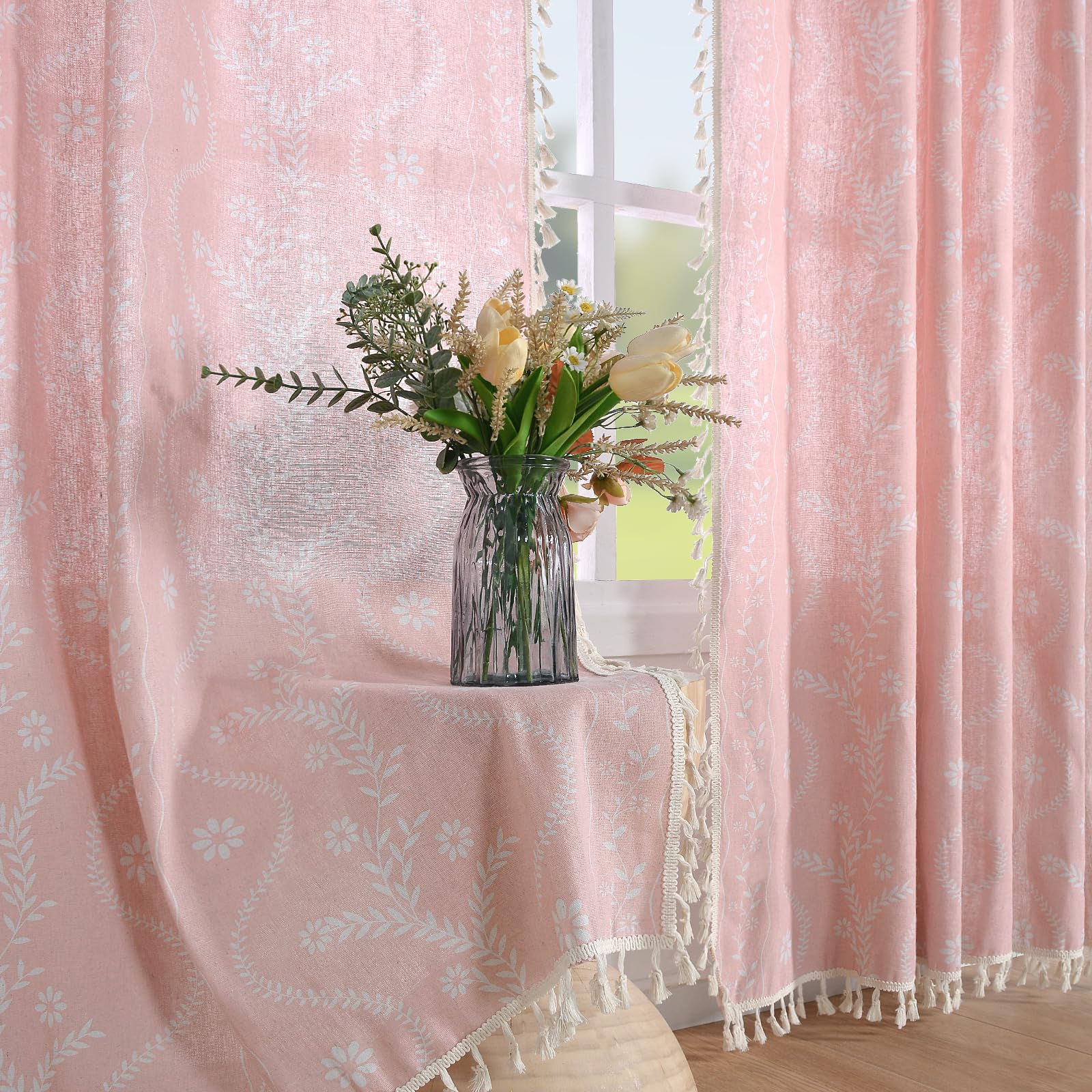 Boho Curtains 84 Inch Length Farmhouse Curtains for Living Room 2 Panels, Linen Semi Sheer Vintage Farmhouse Printed Floral Drapes Pink Rustic Drapes