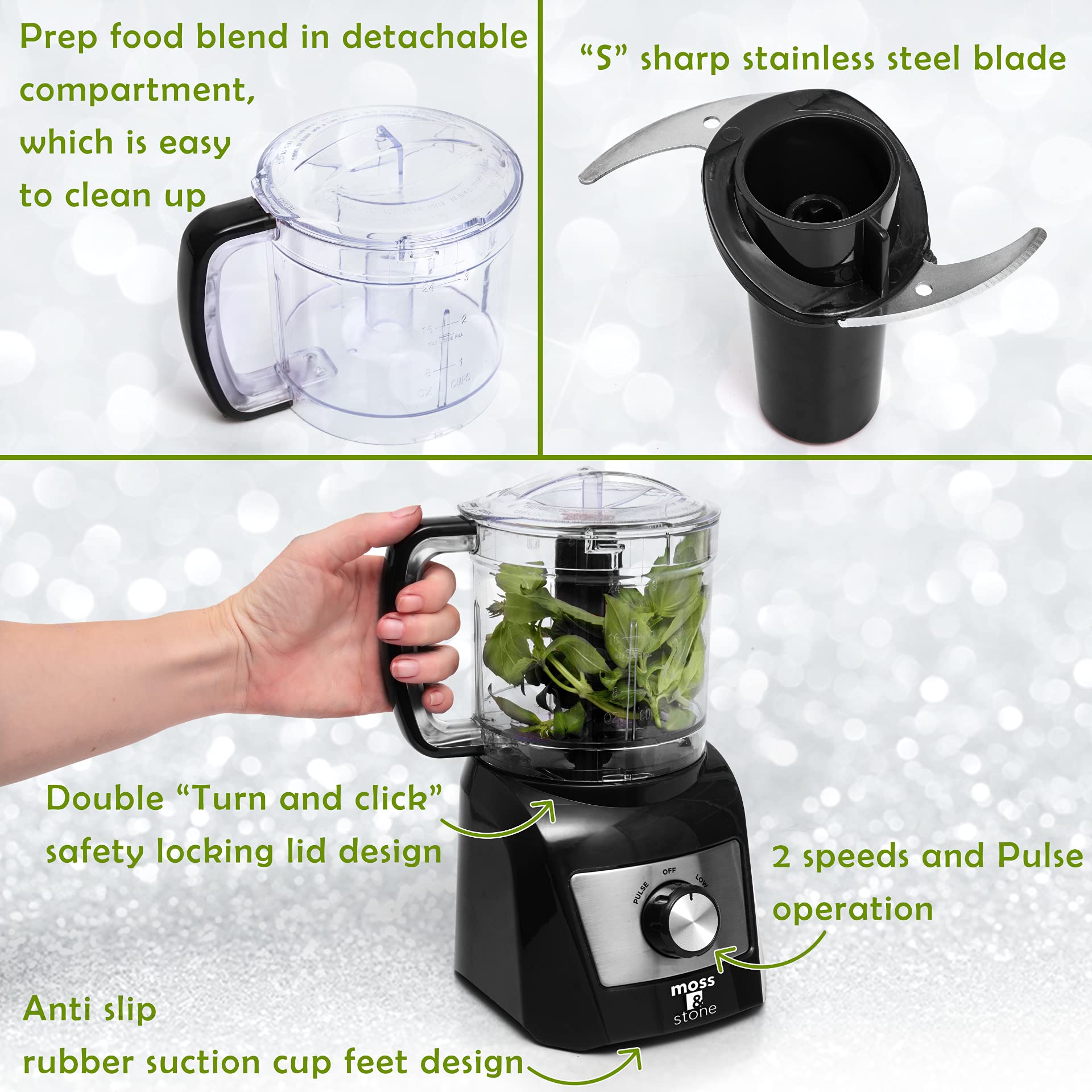 Moss & Stone 3 Cup Mini Food Processor, Strong Vegetable Chopper for Dicing, Chopping, Mincing