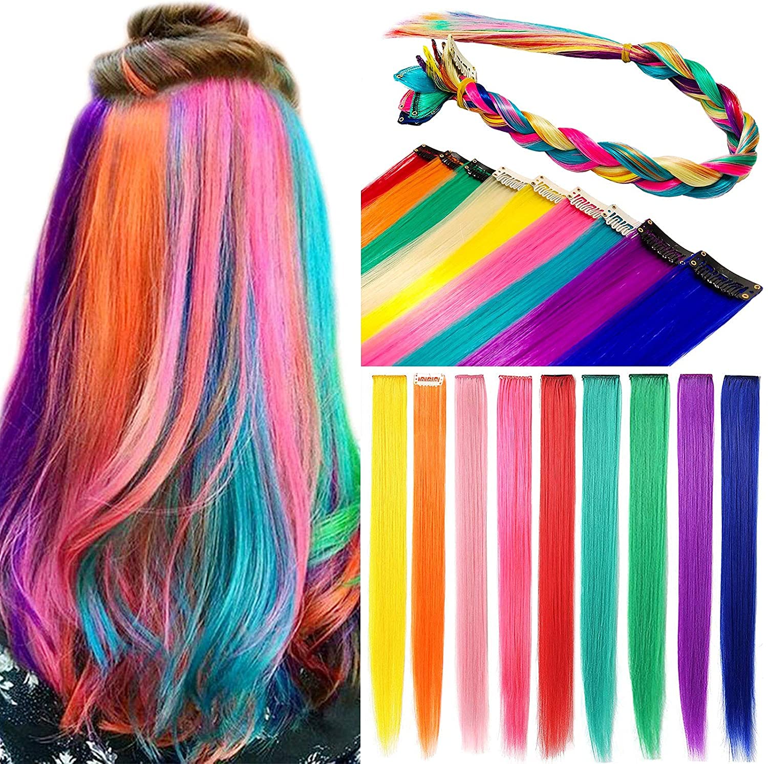 ZHAOWWEI 9 Pcs Princess Colorful Extensions Multi-Colors Party Highlights Streak Synthetic Hairpieces Clip-In/Clip On Colored Hair Extensions (Rainbow)