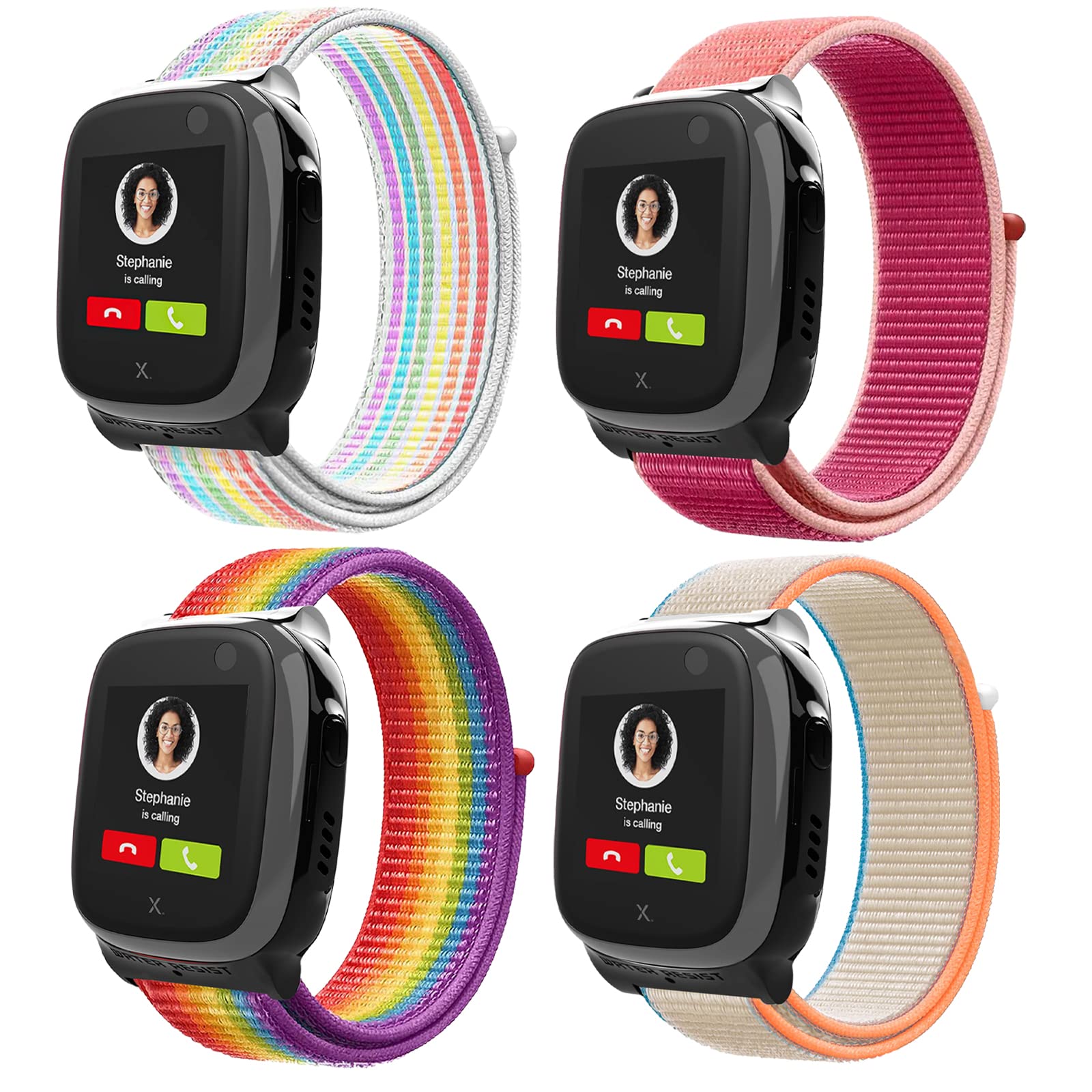 Snyeest 4pc Nylon Compatible with Xplora X5 Play/XGO 2/XGO 3/Kidzi Wristband, Kids Smartwatch Fastener Girls Boys Adjustable Replacement Wristbands,Rainbow+Red+Neon+Milk