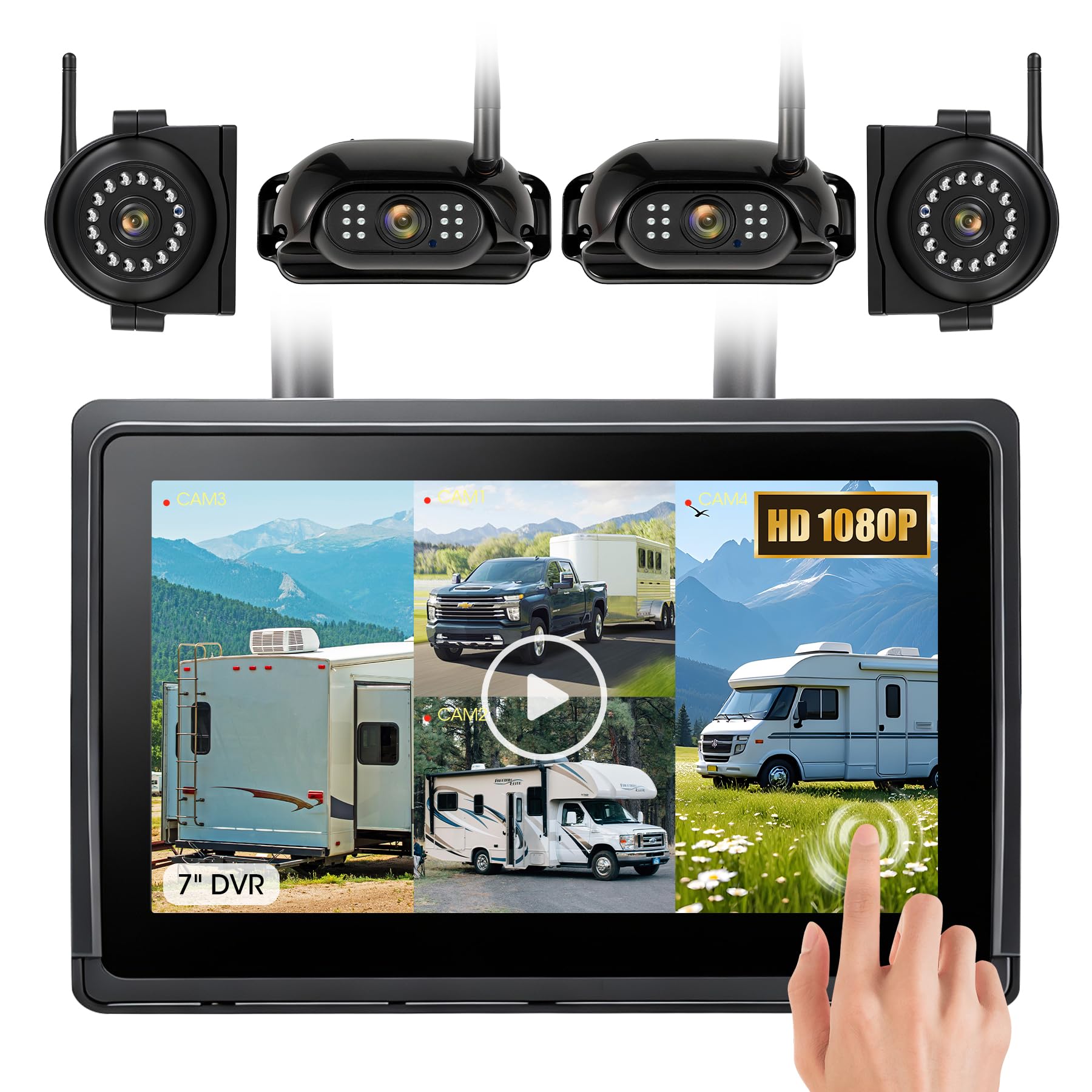 Photo 1 of WOOCARTY Wireless RV Backup Camera System 7" 1080P Touch Screen & 4 Cameras, Compatible with Furrion Pre-Wired Plug, DVR Monitor & Waterproof Night Vision Rear Side View Camera for Trailer Truck, A14