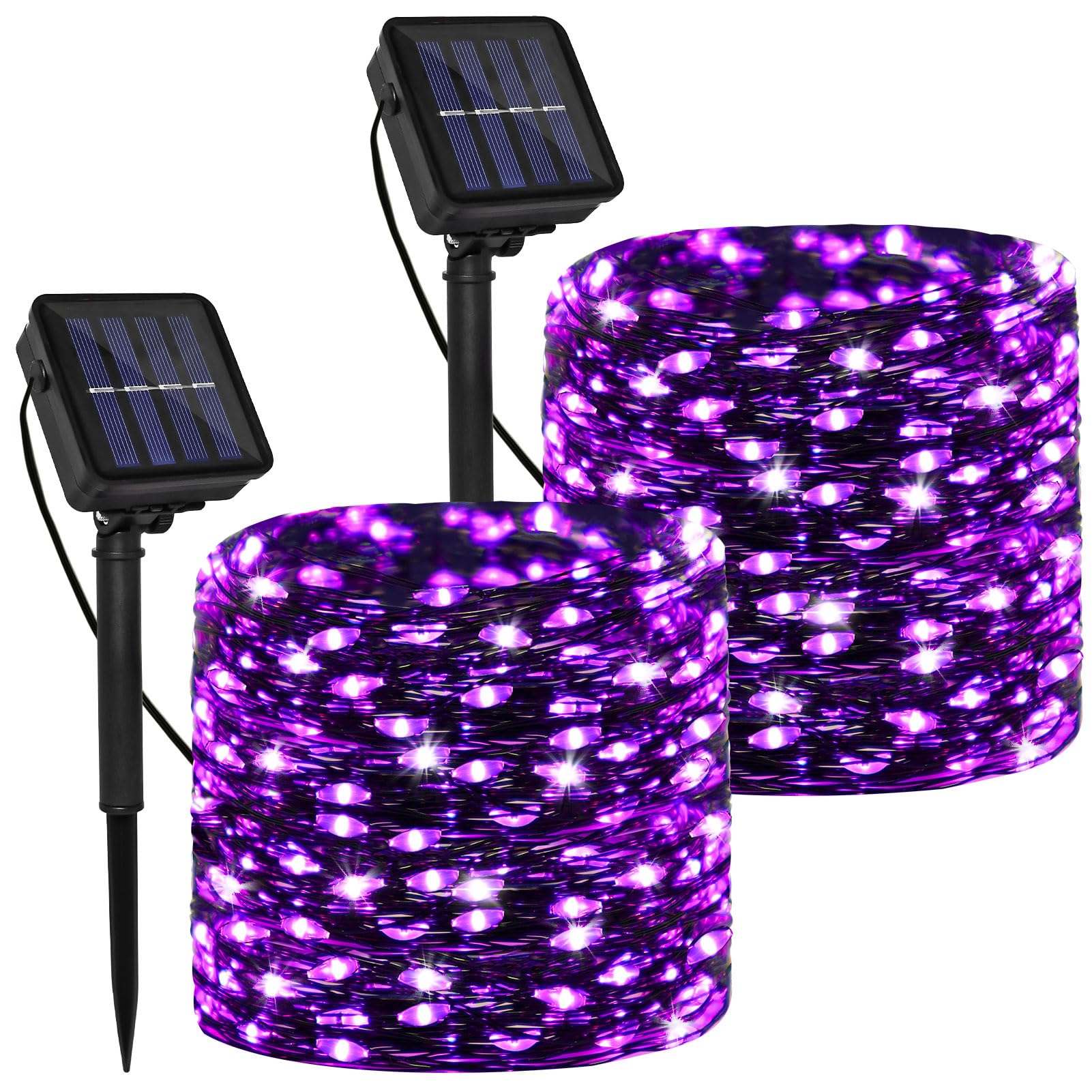Photo 1 of Solar Powered String Lights Outdoor, 2 Pack Total 200 LED 66FT Solar Powered Halloween Decorative Fairy Lights 8 Modes Black Wire for Halloween, Garden, Patio, Party, Yard, Christmas(Purple)