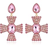 Statement Clip on Earrings Imitation Rhinestone Crystal Big Cross Clip on Earrings for Women Hypoallergenic Clip Drop Dangle Earrings for Wedding Bride Formal Party Mother's Day Gifts