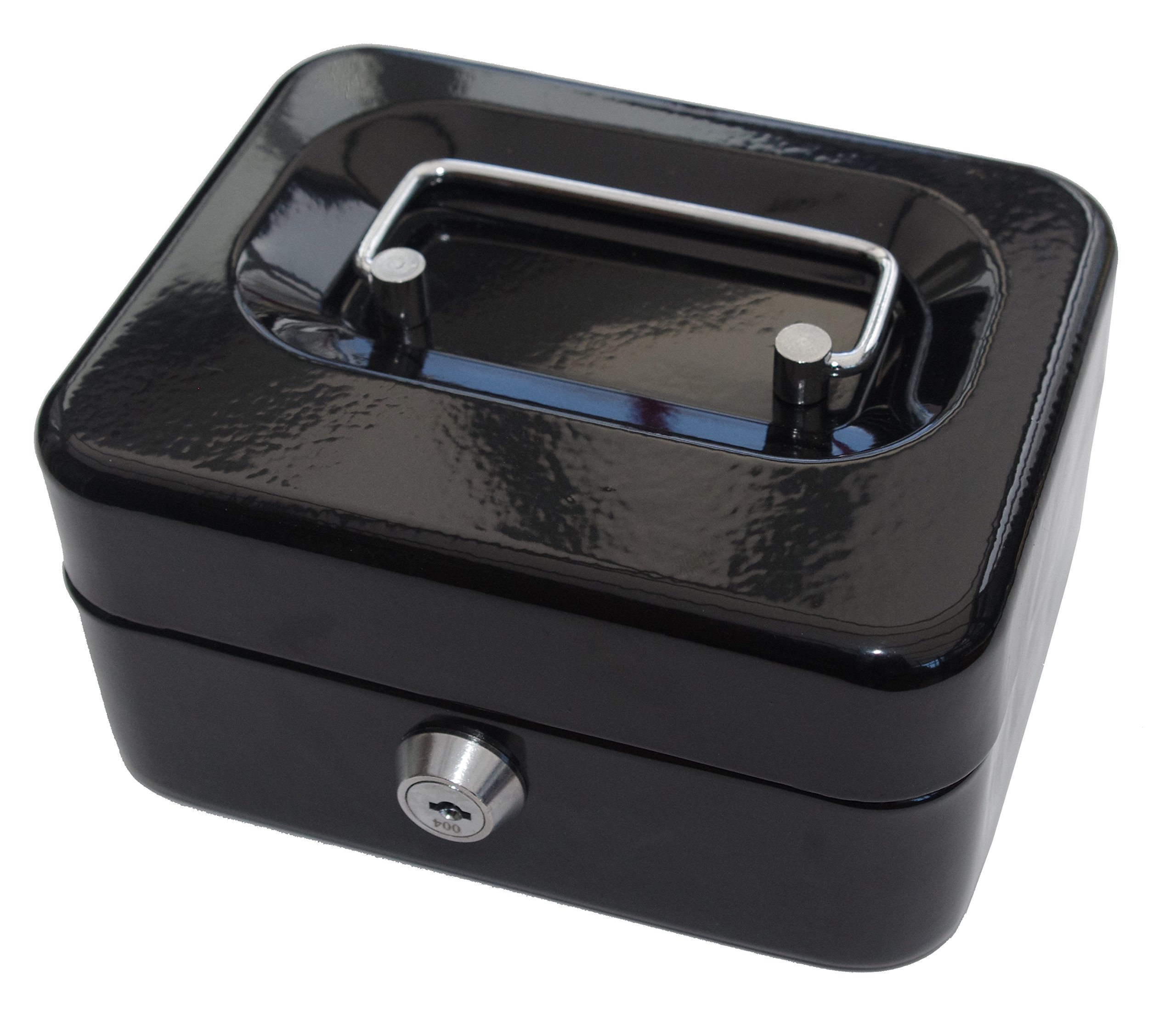 GLOW Premium 6" Steel Petty Cash Box – Secure Safe and Strong Key Locking Money Tin with Glossy Finish, Removable Coin Tray, Durable Cylinder Lock with 2 Key and Carry Handle