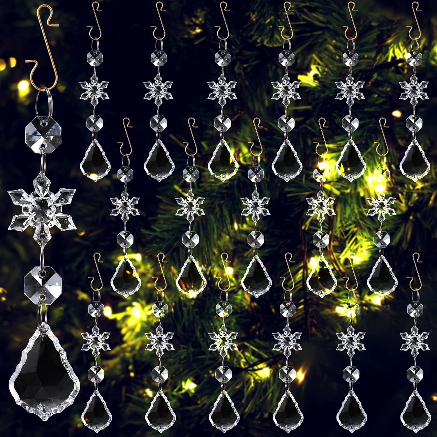 Ornament Hooks - 42 Pcs Crystal Christmas Tree Ornaments Decorations Acrylic Clear Snowflake Teardrop Chandelier Pendants Crystal Beads Garland Ornaments with Hanging Hooks (Classic Style)