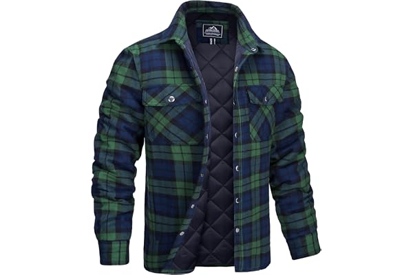 MAGCOMSEN Mens Winter Jackets Quilted Flannel Plaid Shirt Cotton Button Up Long Sleeve Casual Jacket with 5 Pockets
