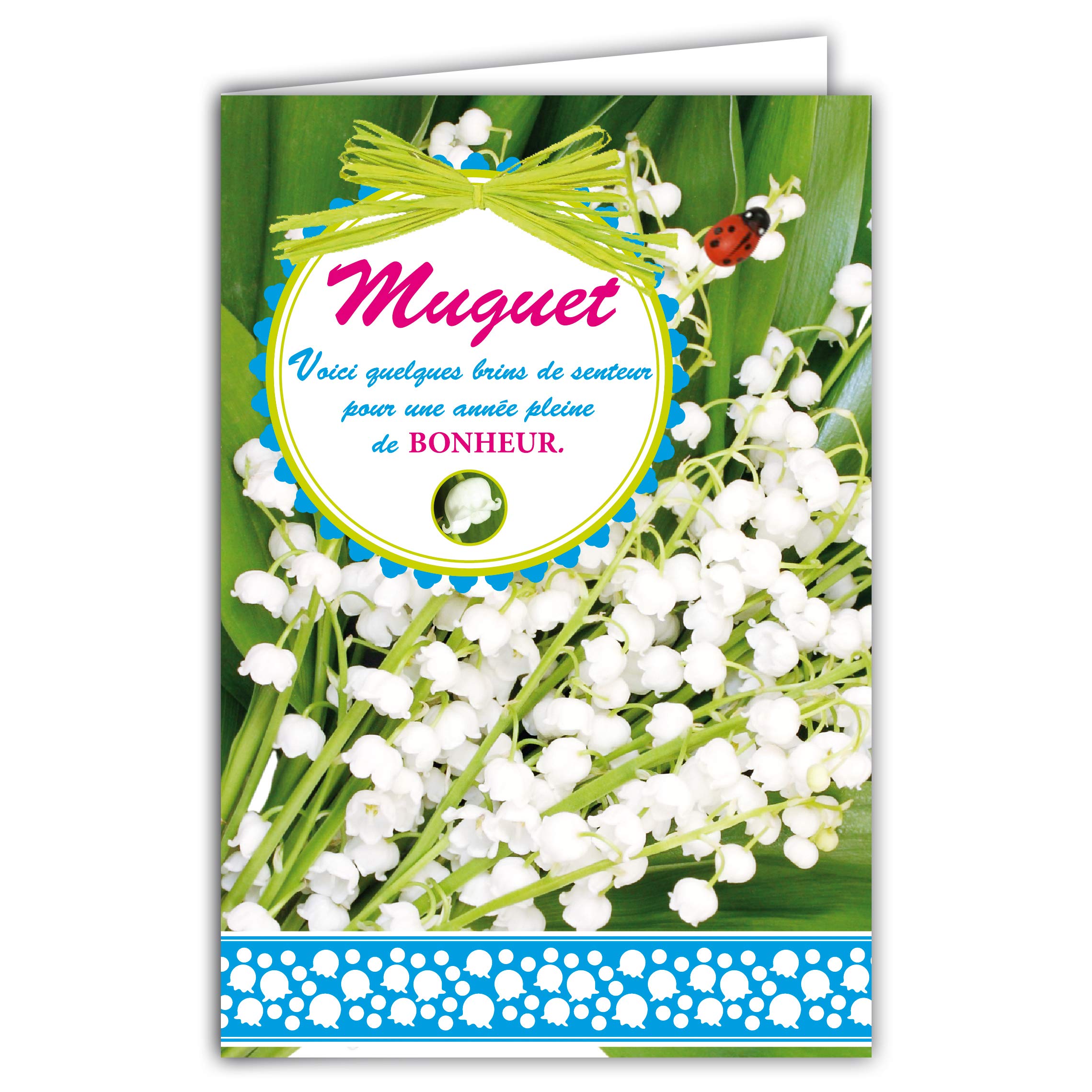 Afie 68-1039-B Card with Envelope Lucky Charm with Red Hand Painted Wooden Ladybird 13 White Bells May 1st Bouquet Flowers Party Spring Sky Blue