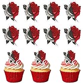 50 PCS Edible Halloween Rose Cupcake Toppers Wafer Paper Black Red Rose Cake Toppers Edible Roses Cake Decorations for Flower Theme Baby Shower Birthday Wedding Party Cake Decorations Supplies