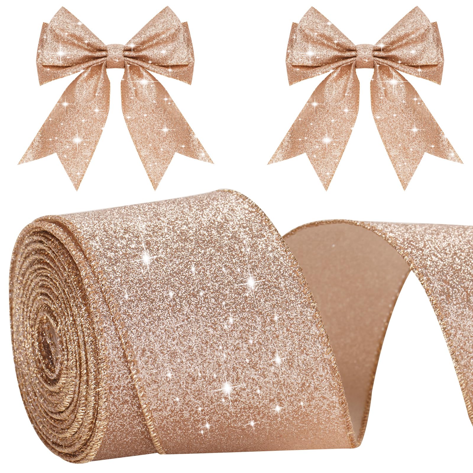 KINGLAKE Rose Gold Wired Glitter Christmas Ribbon, 6cm Metallic Wrapping Ribbon for Gift Wrapping, Wreaths, Crafts, Christmas Tree & Wedding Decorations