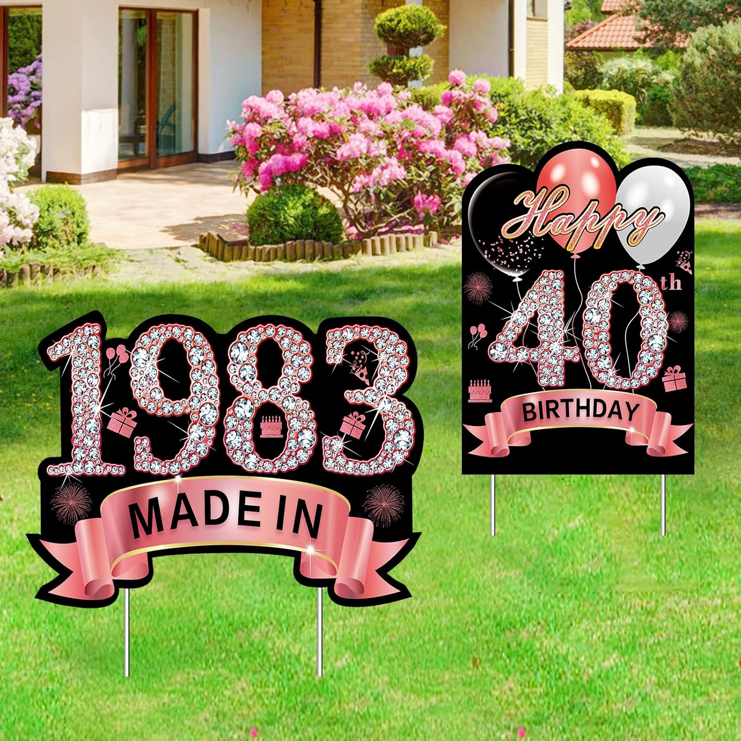 Yard Signs - 2Pcs Rose Gold 40th Birthday Yard Sign Decorations for Women, Happy 40th Birthday Made in 1983 Lawn Sign Party Supplies, Happy 40 Year Old Birthday Yard Decor with Stakes