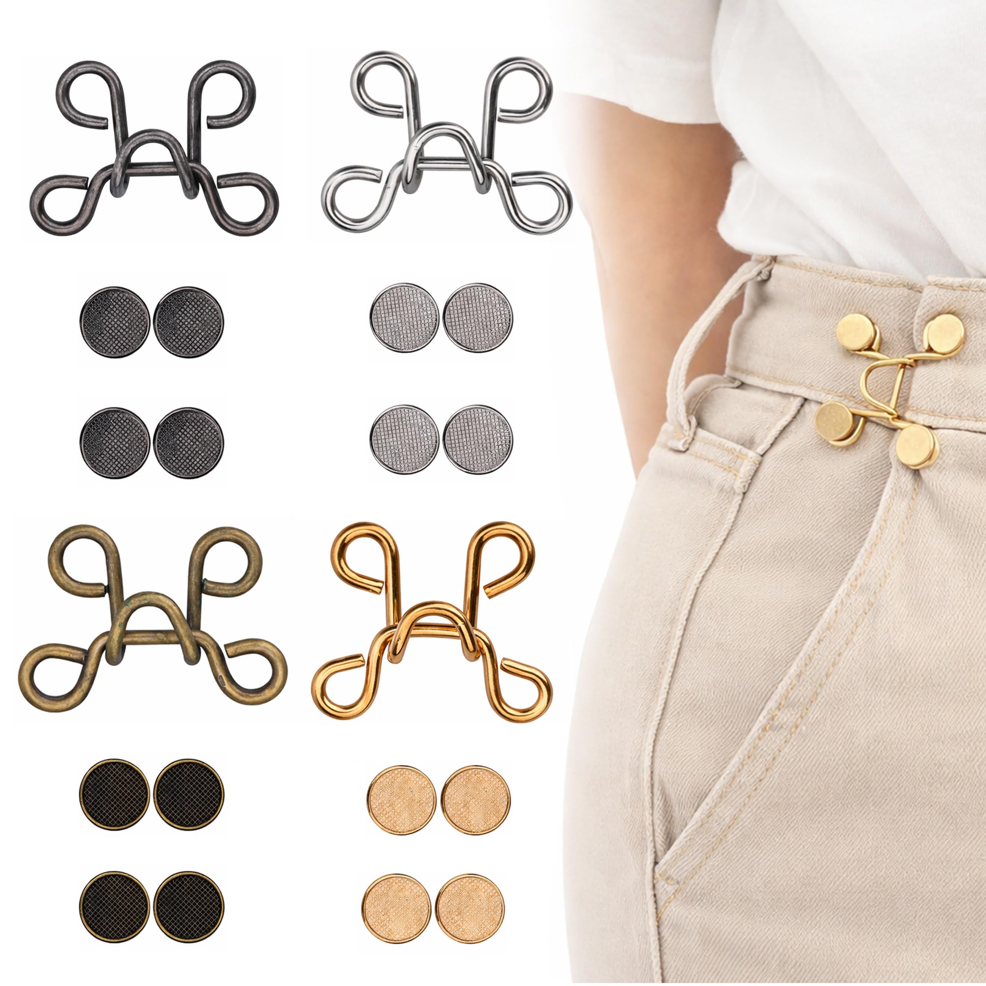 4 Set Nail-Free Waist Buckles No Sew Waist Buckle with Rivets, Adjustable Snap Button Waist Buckle Extender Jeans Extender for No Sewing Instant Buckles for Jeans, Pants, Skirts, Collar, 27mm