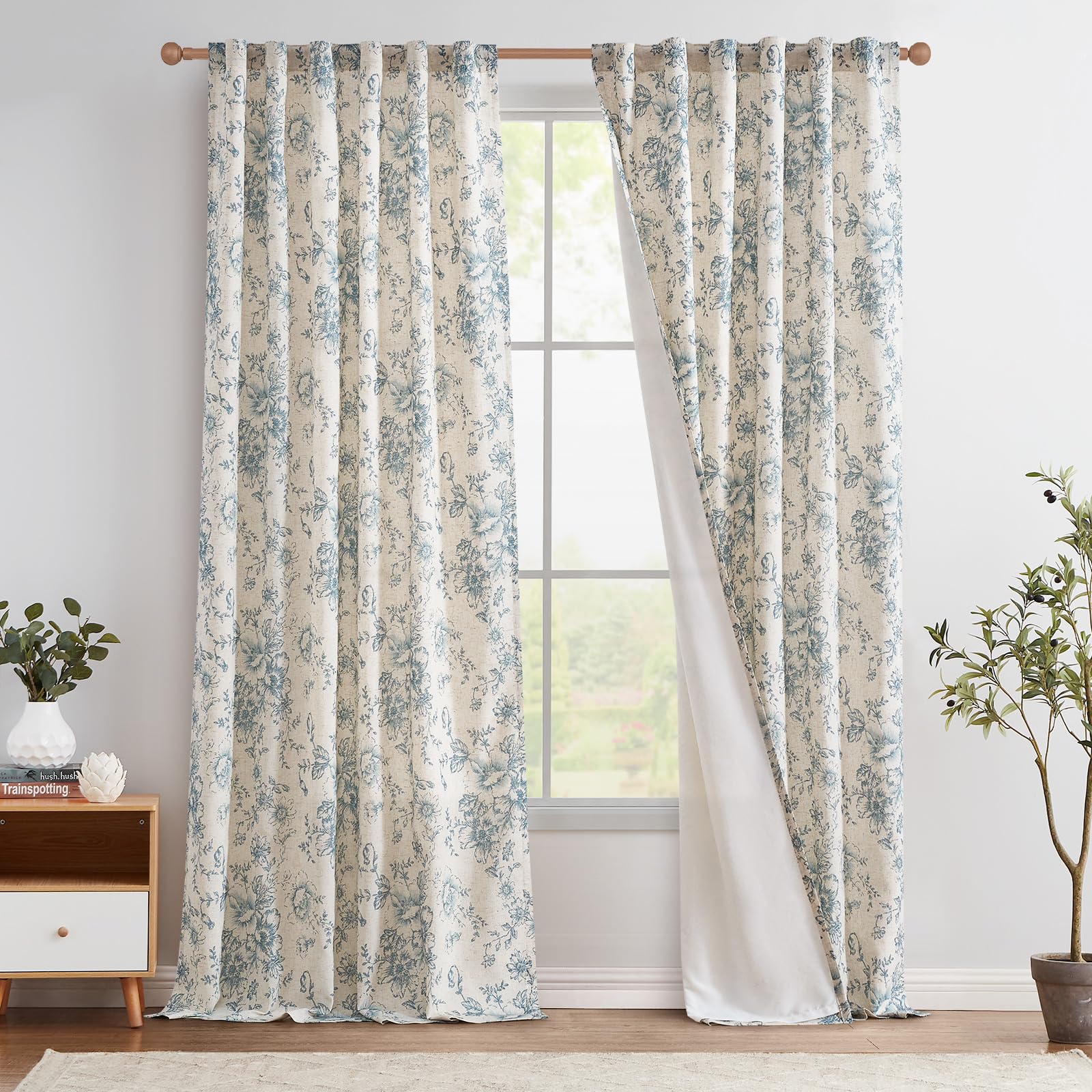 Photo 1 of jinchan Lined Linen Blend Curtain Floral Curtains for Living Room 96 Inches Long Blue Peony Flower Printed Curtain Rod Pocket Back Tab Farmhouse Patterned Drapes Bedroom Window Curtains Set 2 Panels