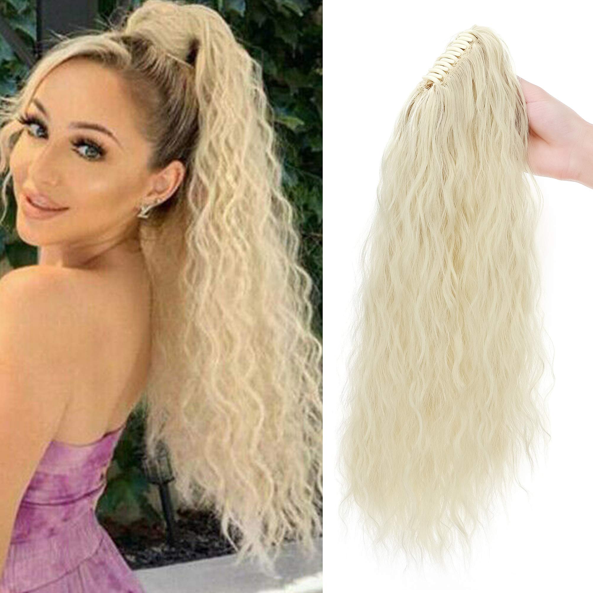 Claw on Ponytail Clip in Hair Extensions Corn Wave Curly Wavy 24inch Long Synthetic Hair Piece Pony Tail for Women Bleach Blonde