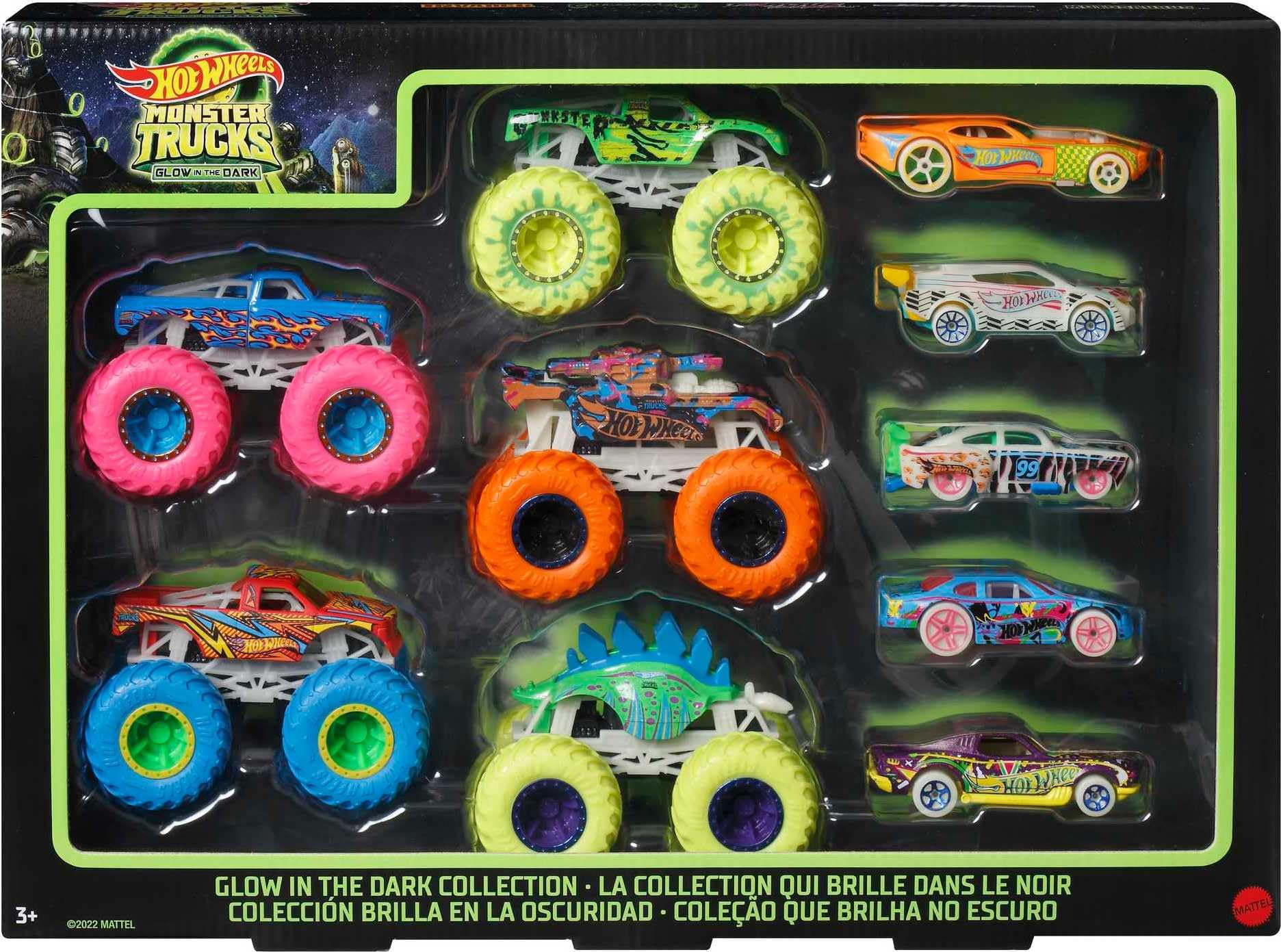 Hot Wheels Toy Monster Trucks 10-Pack of Glow-in-the-Dark 1:64 Scale Vehicles, GITD Set of 5 Trucks & 5 Cars, Play Vehicles for Kids & Collectors