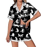 Ekouaer Womens Silk Satin Pajamas Set Animals Print Pjs Button Down Short Sleeve Lounge Set 2 Piece Sleepwear