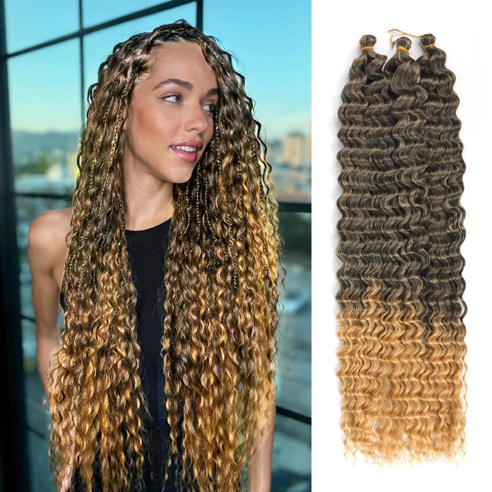 Alaleibaby Ocean Wave Crochet Hair 22 inch Deep Wave Crochet Hair 6 Packs boho hair for braiding Hair Extensions curly Braiding Hair for Black Women water wave crochet hair (T27#, 22 Inch(Pack of 3)) — image 1