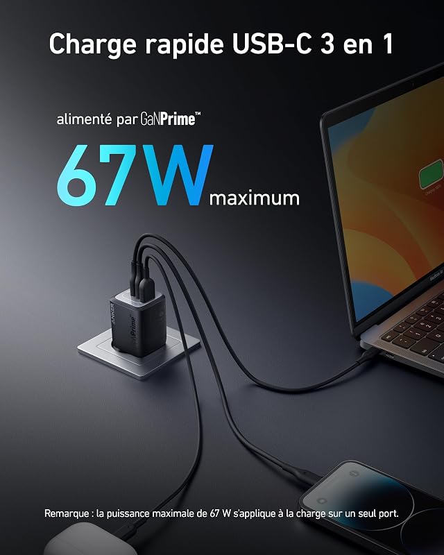 Prime Chargeur USB-C Rapide 67 W GaN, 3 Ports, Compact et Pliable