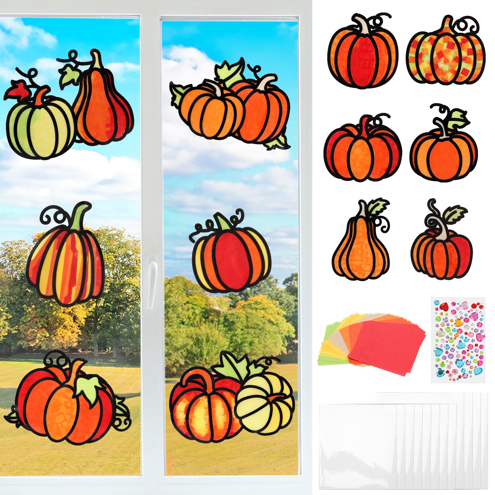 MONCAP 12pcs Pumpkin Stained Glass Decoration Kits Art and Craft Kits for Kids, Thanksgiving Pumpkin Stained Glass Crafts Kits DIY Autumn Fall Craft Window Decor