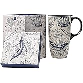 Voltogar Ceramic Coffee Mug Travel Cup with Lid and Handle for Home & Office, 17Oz Porcelain Tall Tea Cup with Color Box, 6.5" H Ocean Mug