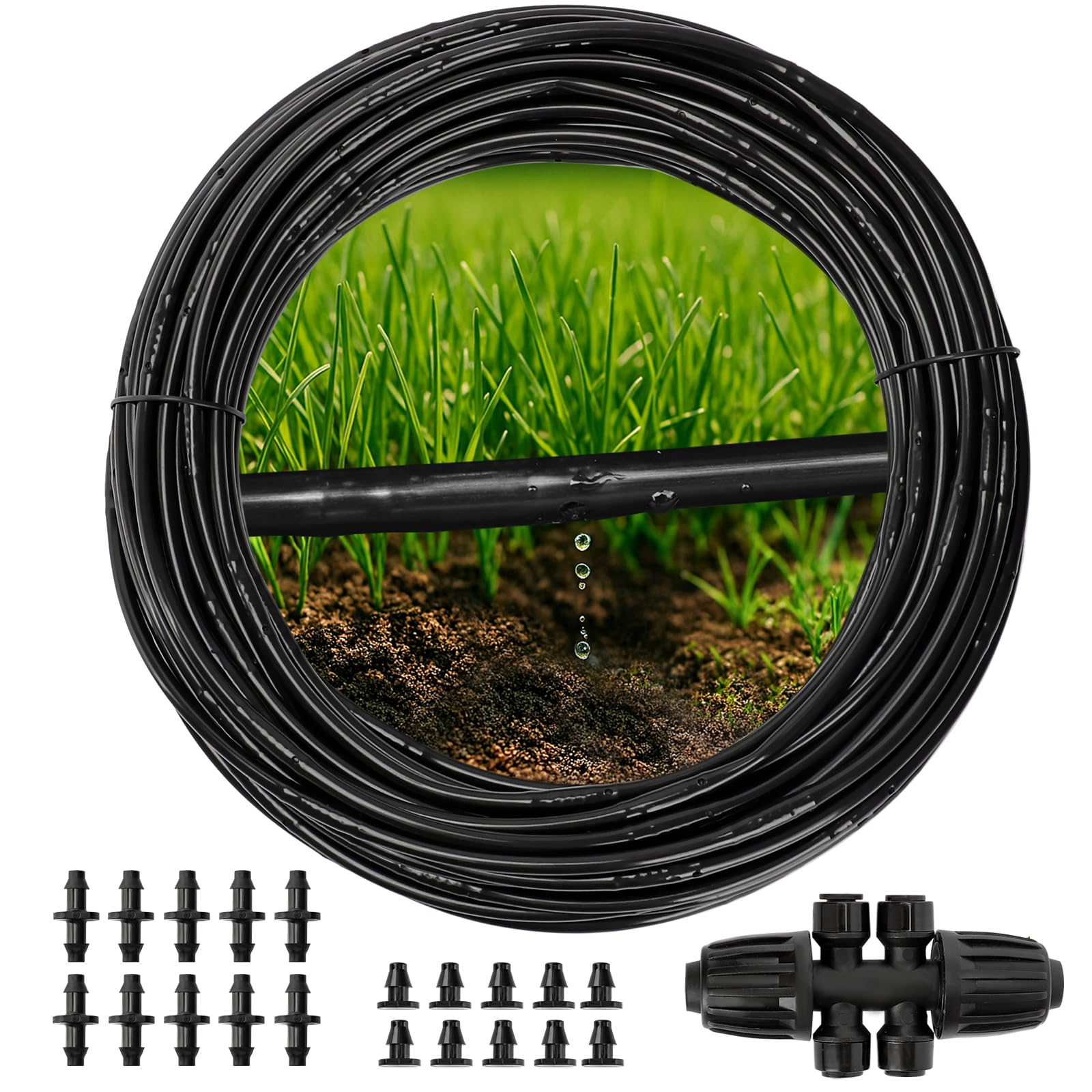 Photo 1 of MIXC 1/4" Irrigation Dripline Tubing (100 Ft Roll), Saving 80% Water, 6" Emitter Spacing, 0.5 GPH Emitters Built-In Drip Irrigation Line with 1/4" Fittings Included, Black