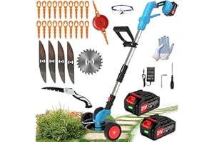 HWLANTU Electric Weed Wacker Cordless Eater Battery Powered Eater Lightweight Edger Portable Stringless Grass Trimmer/Lawn Mower/Brush Cutter, with 3 Types Blades & Wheels for Yard and Garden-Blue