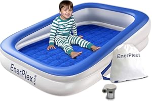 EnerPlex Kids Inflatable Travel Bed with High Speed Pump, Portable Blow up Toddler Air Mattress with Sides – Built-in Safety Bumper - Blue