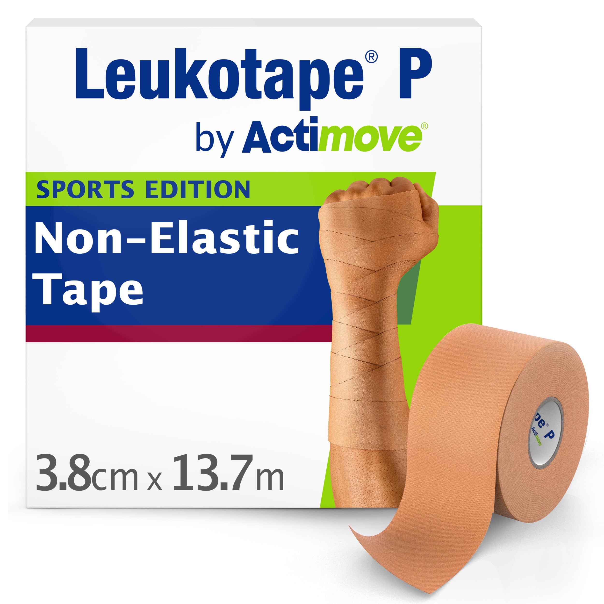Leukotape P by Actimove Sports Edition Rigid Medical Tape for Sprains and Injury Prevention, 3.8 cm x 13.7 m, Beige, 1 Roll