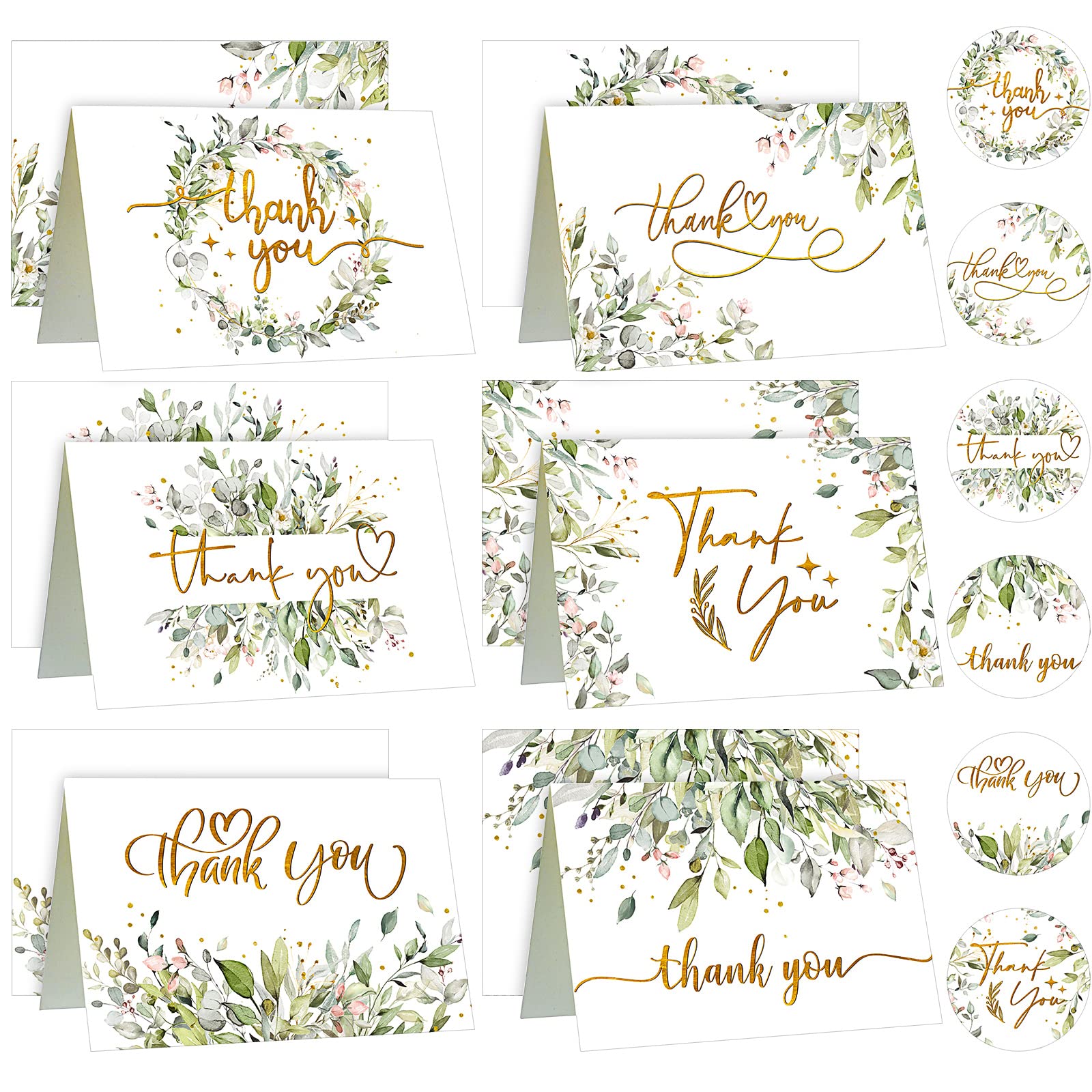 Photo 1 of 24 Pack Watercolor Thank You Cards with 24 Envelopes 24 Stickers 6 Designs Gold Letter Greeting Note Cards Thank You Notes Round Envelope Seal Stickers for Wedding Graduation(Fresh Style)