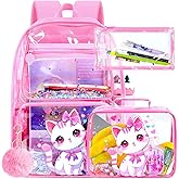 WZLVO Kids Clear Backpack for Girls, Heavy Duty PVC Cat Transparent Bookbag, Cute See Through School Bags for Elementary - Pink