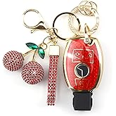 Rayslesan Sparkly Key Fob Cover with Cherry Keychain, Bling TPU Smart Key Case for Women, Compatible with Mercedes C/C AMG，E/E AMG ，R S G CL GLK ML Series (3-Button, Gold Red)
