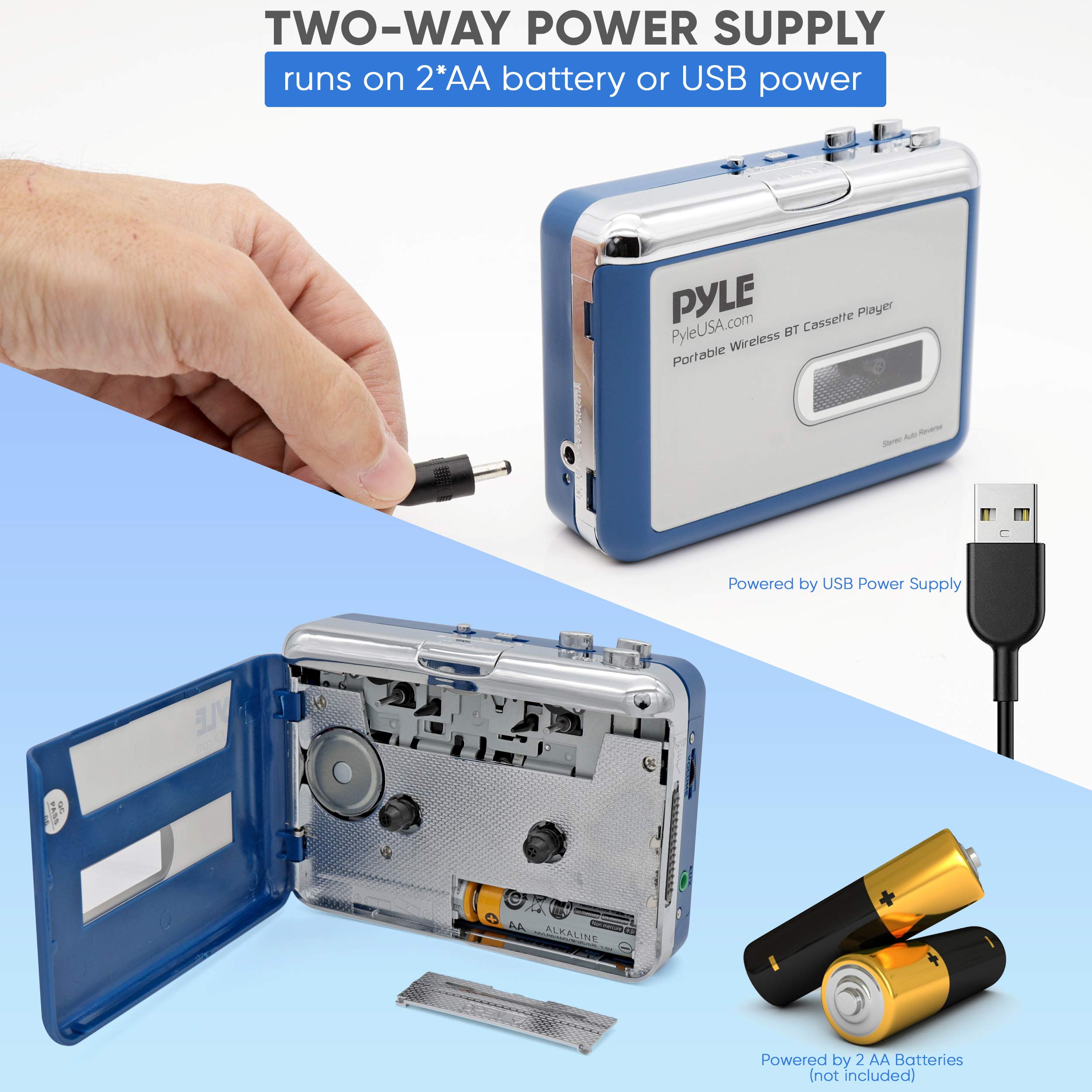 Pyle Cassette Player Bluetooth with Earphone - Tape Player Bluetooth Output to Headphone/Speaker - Includes Earphones - Bluetooth Walkman Cassette Player w/Lid Switcher, AUX Port
