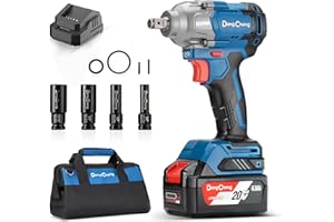 Dong Cheng 20V Brushless Impact Wrench, Max Torque 360 ft-lbs (488N.m), 1/2 inch with 3 Mode Speed, 2400 RPM Cordless Impact Gun, Includes 4.0Ah Battery, Charger, 4 Impact Sockets and Kit Bag