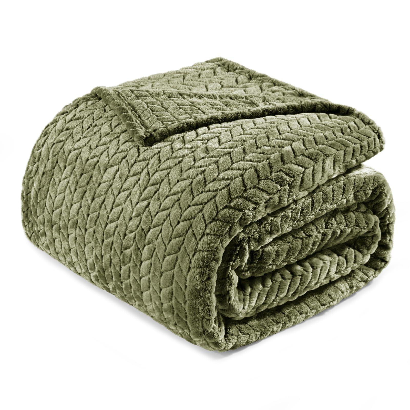 Exclusivo Mezcla Fleece Queen Size Blanket for Bed, 90x90 Inches Soft Cozy Jacquard Flannel Blankets, Lightweight Fuzzy Plush Warm for Women, Olive Green