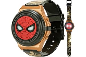 ACCUTIME Marvel Spider-Man Kids' LCD Watch – Light-Up Flip Top Design with Glowing Eye Cover, Gold-Tone Accents, and Adjustable Silicone Strap – Durable and Fun for Ages 5+