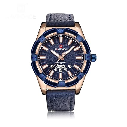 Naviforce Japanese Quartz Genuine Leather Blue Strap Gold Dial Stylish Luxury Wristwatch for Men - Blue