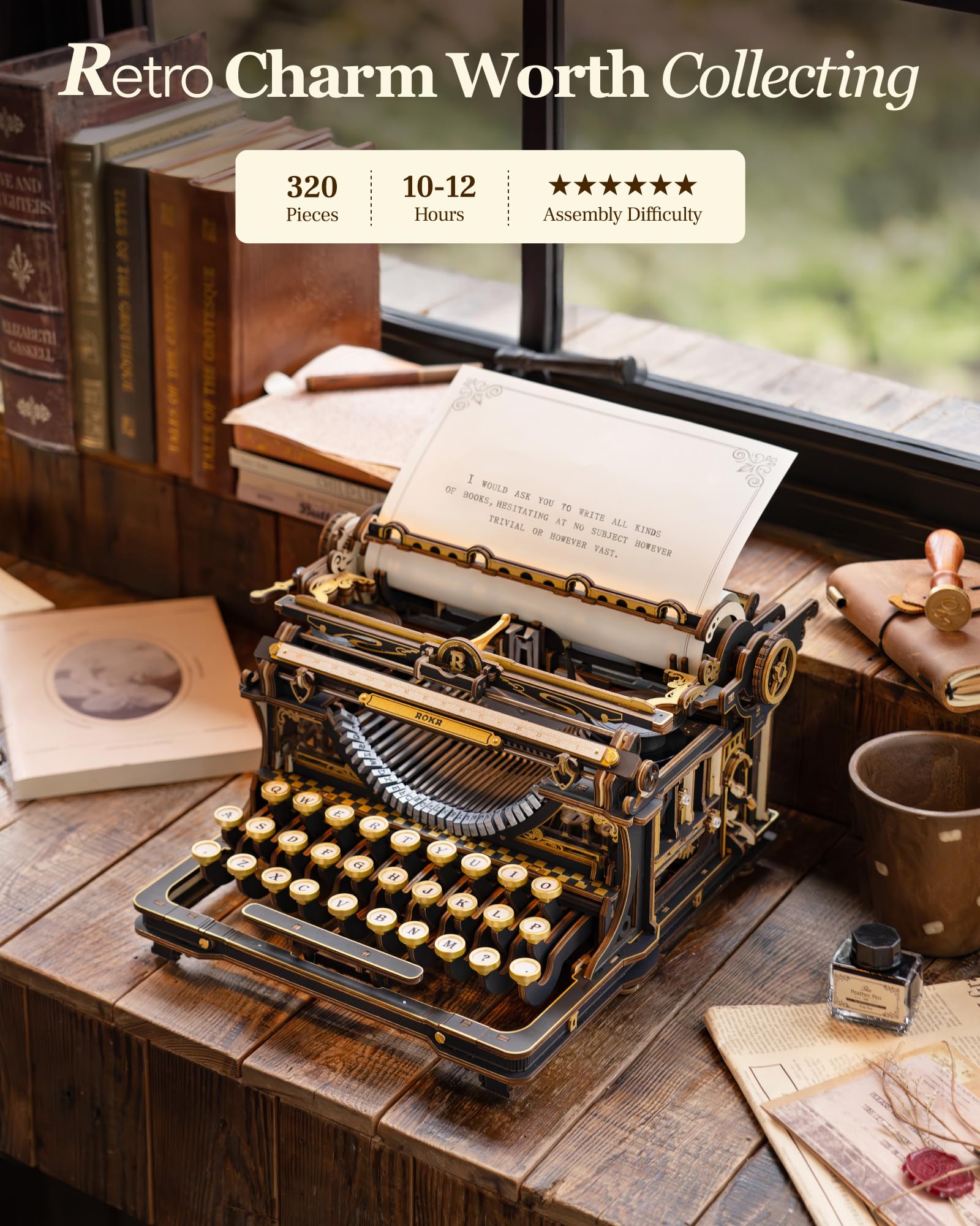 ROKR Typewriter Schreibmaschine 3D Holzpuzzle für Erwachsene, Schwarz-Gold Mechanischer Modellbausatz, Vintage 3D Puzzle Holz für Homeoffice-Deko, Retro DIY Geschenk für geduldige Bastler LK703B 6