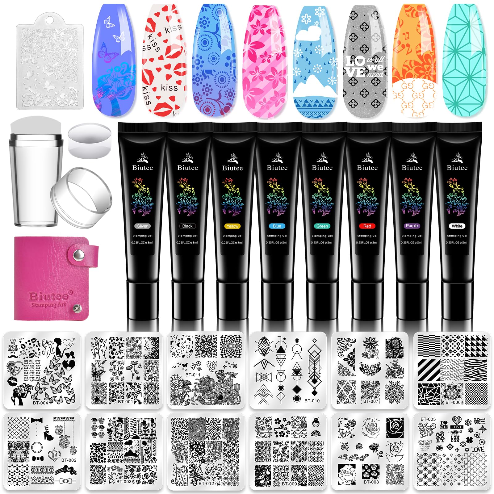 Biutee Nail Gel and Stamping Plates Templates Kit with Vintage Ethnic Image Art Manicure Stamp, 8 Colors Nail Stamping Polish Gel and 12pcs Nail Templates for Design Template