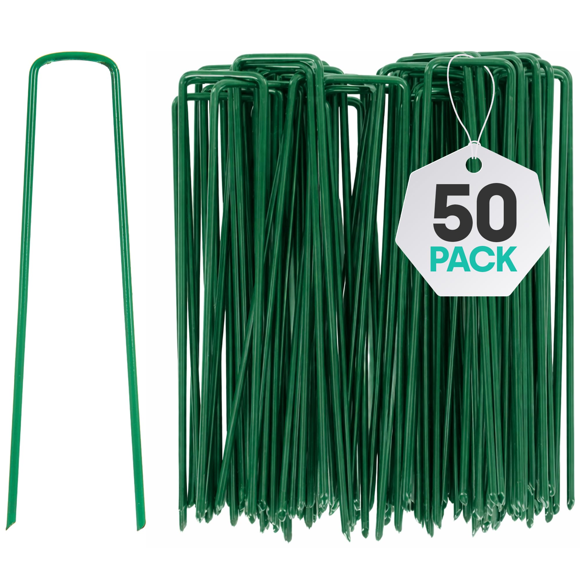LIVIVO U-Shaped Garden Pegs 50 Pack - Weed Membrane Pegs for Securing Lawn, Weed Control Membrane, Artificial Grass Pegs, Matting, and Netting Galvanized Staples Pins Ground Pegs - Green
