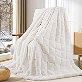 Touchat Faux Fur Blanket Twin Size, Luxury 1000GSM Ultra Thick Warm Rabbit Blanket for Couch Bed Sofa, 3D Checkered Pattern Soft Winter Heavy Minky Blankets for Women Christmas Birthday Gift, White