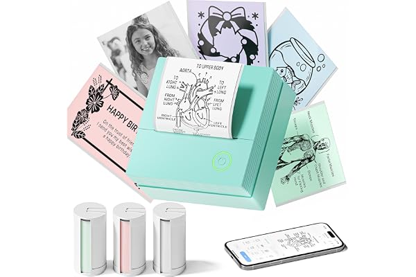 TYPONOS Sticker Printer, PM290 Mini Printer, Bluetooth Sticker Maker Machine with 3 Rolls Paper, Smart AI APP, Portable Print Pod for Study Note, Picture, List, DIY Gifts for School Office Home, Green