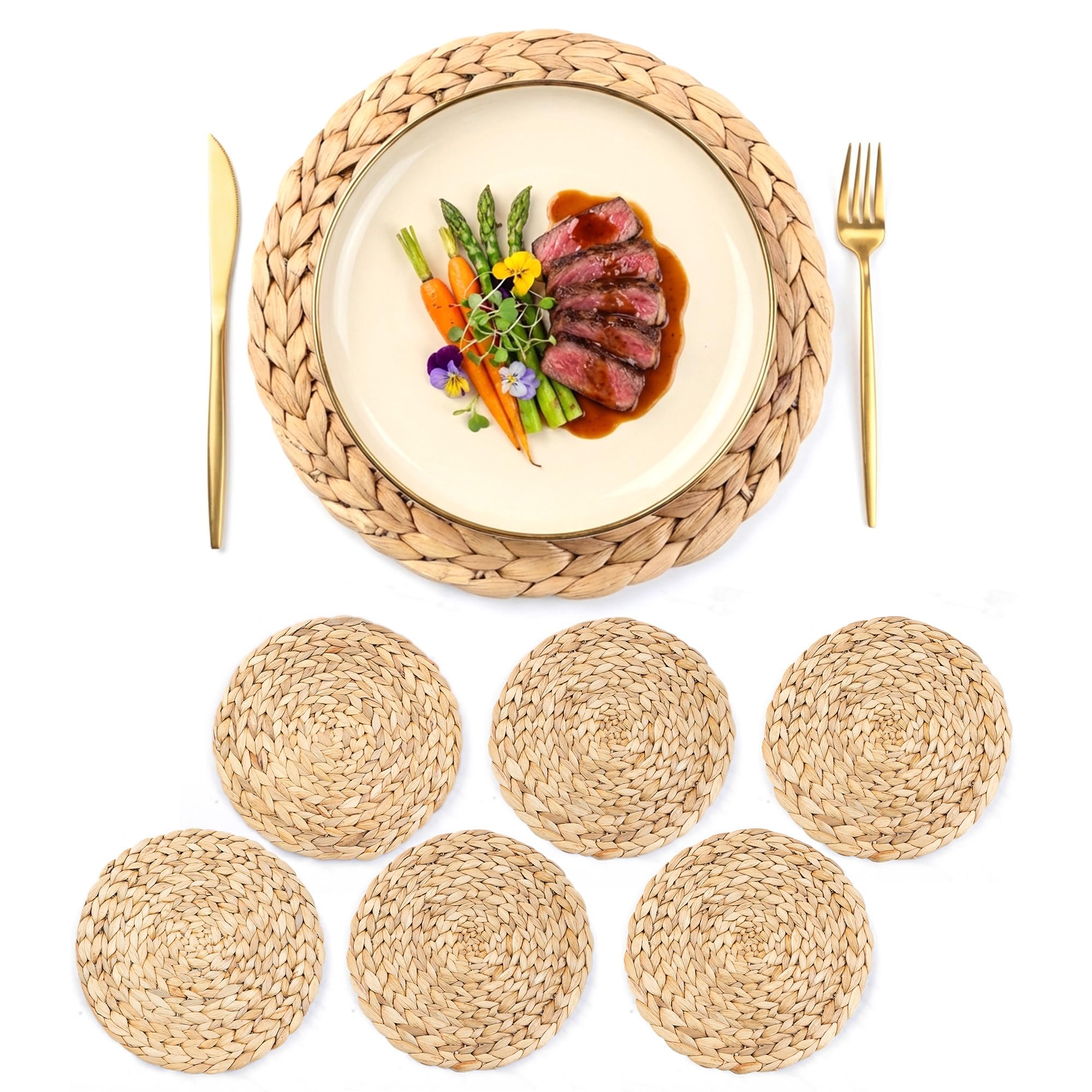 Photo 1 of 12 Inch Round Woven Placemats Set of 6, Herringbone Pattern, Natural Table Mats Braided Heat Proof, Farmhouse Boho Table Place Mat Ourdoor Wicker Chargers for Dinner Plates