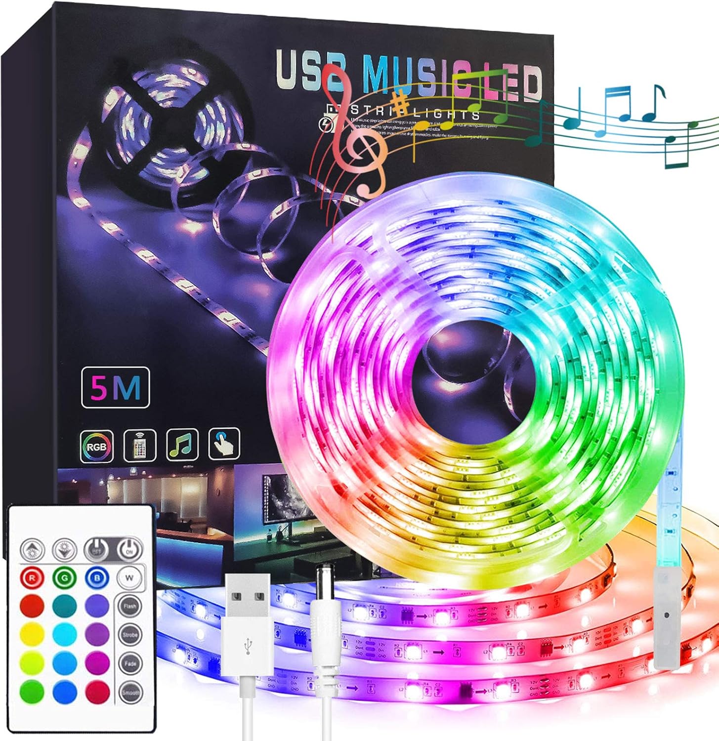 Ruban LED 5M 5050 RGB Bande LED,IP65 Lumière LED Décorative Multicolore,Synchroniser avec Rythme