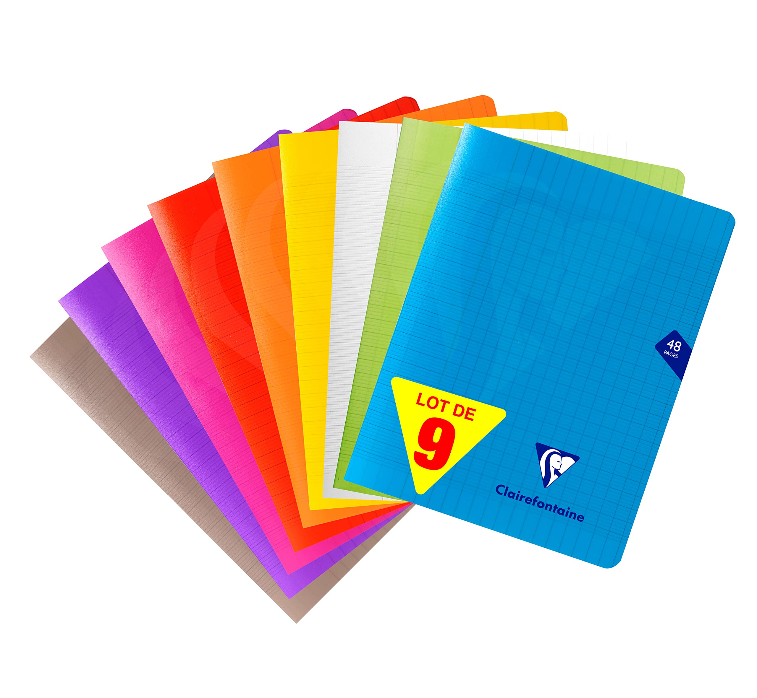 Clairefontaine 293751AMZC Set of 9 Stapled Notebooks 17x22cm 48 Square Pages - White Paper 90g Cover (Blue,Red,Green,Yellow,Purple,Grey,Orange,Pink,Colourless) — image 1