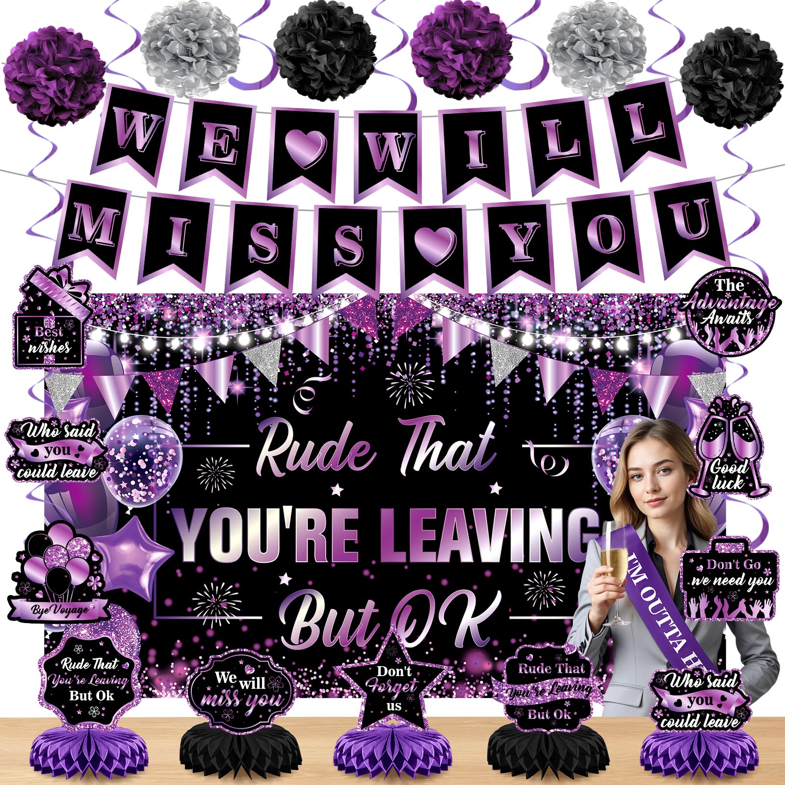 Photo 1 of Purple Black Farewell Party Decorations We Will Miss You Rude That You're Leaving But Ok Banner Honeycomb Centerpiece Hanging Swirls for Coworker Employee Leaving Goodbye Going Away Party Supplies