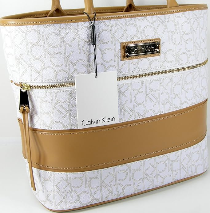 Calvin Klein CK Logo Purse Hand Bag Large Tote Genuine Leather White