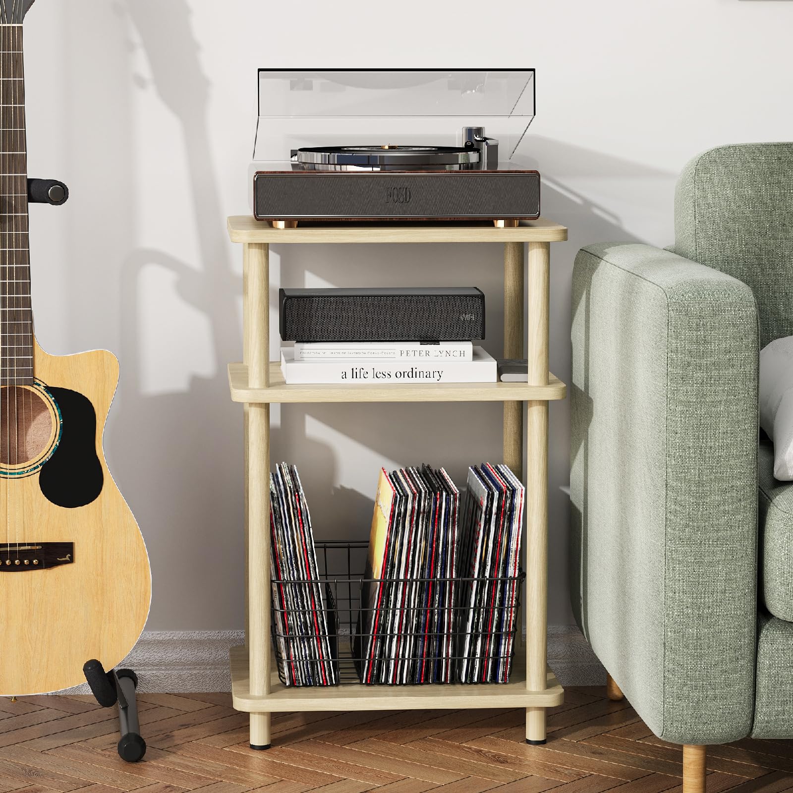 Photo 1 of Apicizon 3 Tier End Table, Record Player Stand with Storage Shelf, Wooden Vinyl Record, Nightstand Bedside Table for Small Spaces, Bedroom, Living Room, Easy Assembly, Light Natural