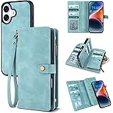 TwoHead Wallet Case Compatible with iPhone 17,Detachable,Magnetic,11 Cards Holder,PU Leather All-Round Protective Phone Case with Change Pocket(6.3 in,Blue)