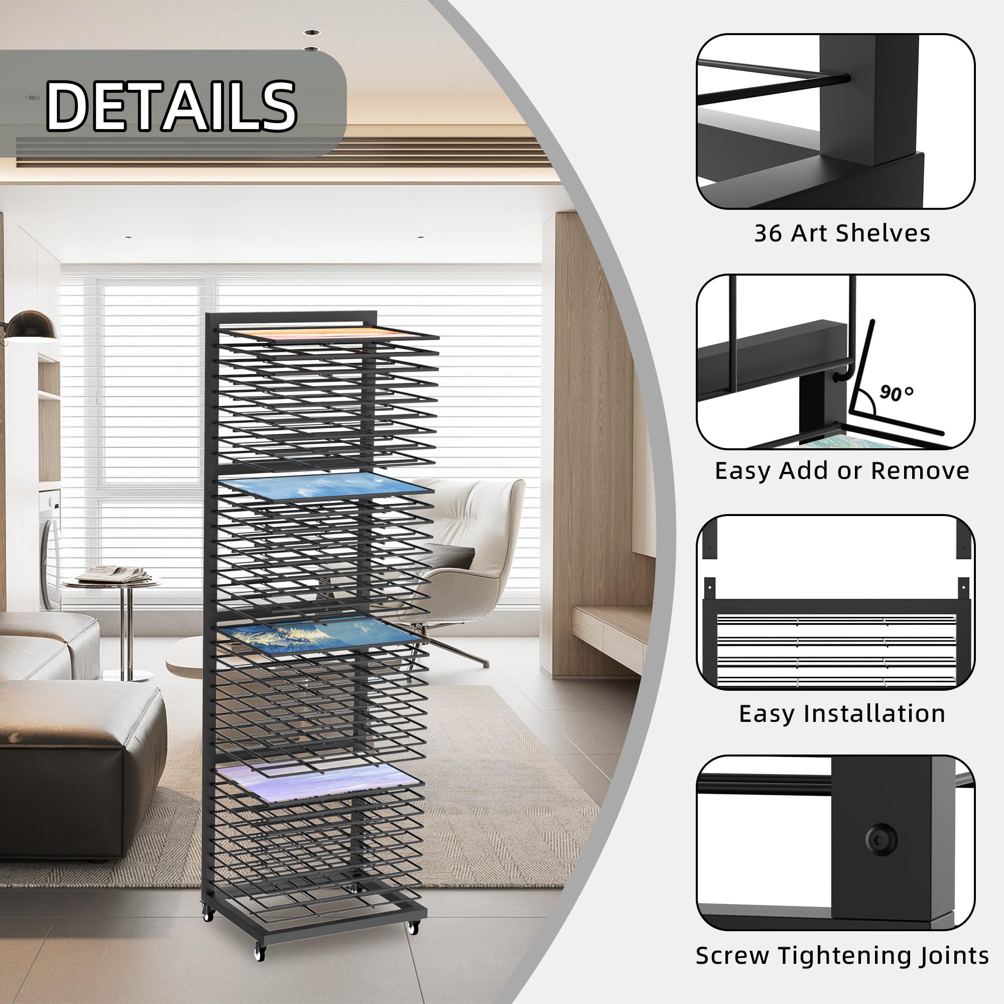 Art Drying Rack with Lockable Wheels, Painting Drying Rack with 36 Removable Shelves, Canvas Rack Art Storage for Classrooms, Art Clubs, Art Studio, 13 3/4
