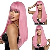 SUKRI Pink Wigs with Bangs for Women Long Straight Pink Wig 22 Inch Colorful Synthetic Wig Natural Looking Hair Wigs for Daily Party Cosplay Use